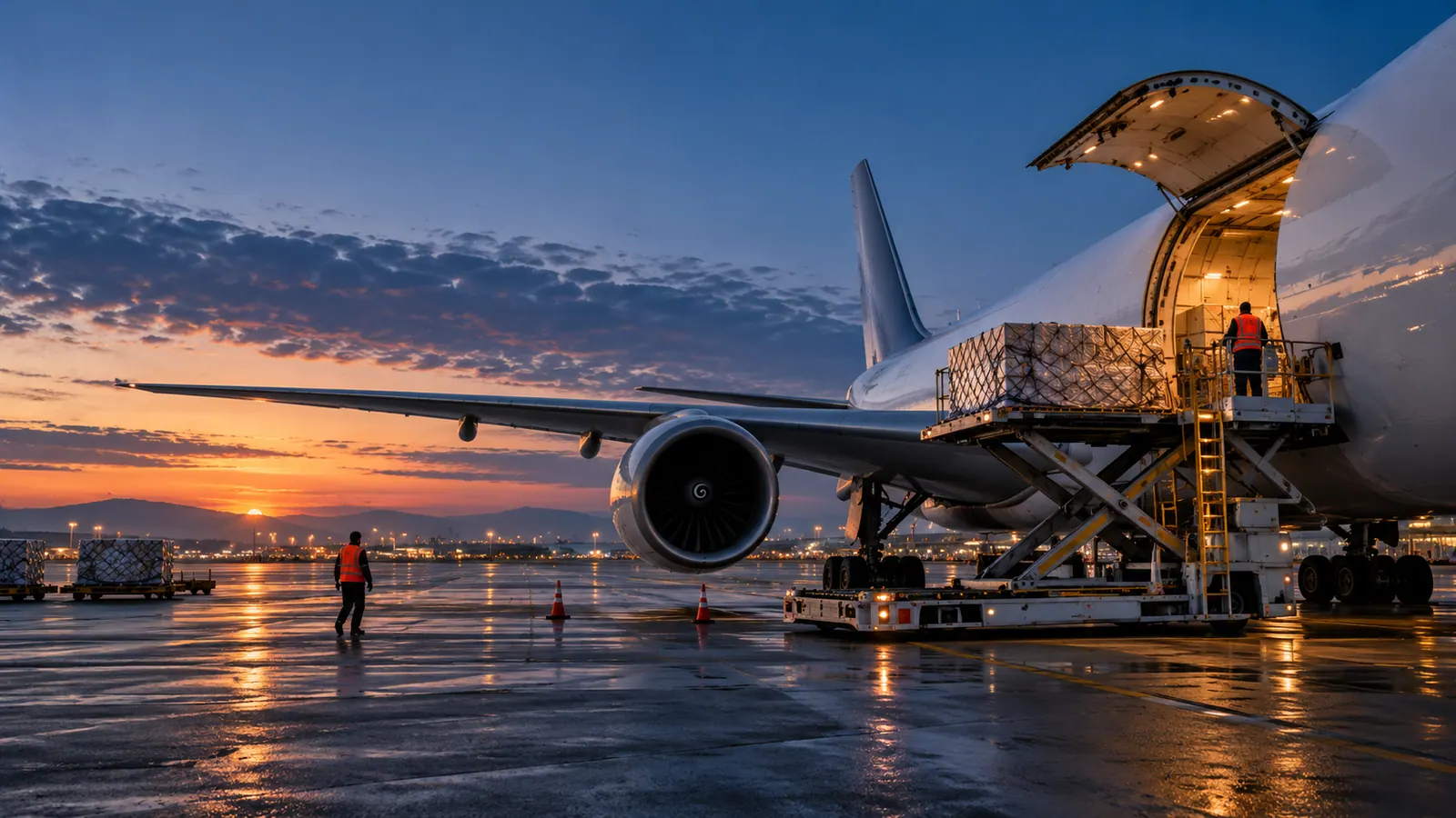 Cargo aircraft with a pallet loader on an airport apron