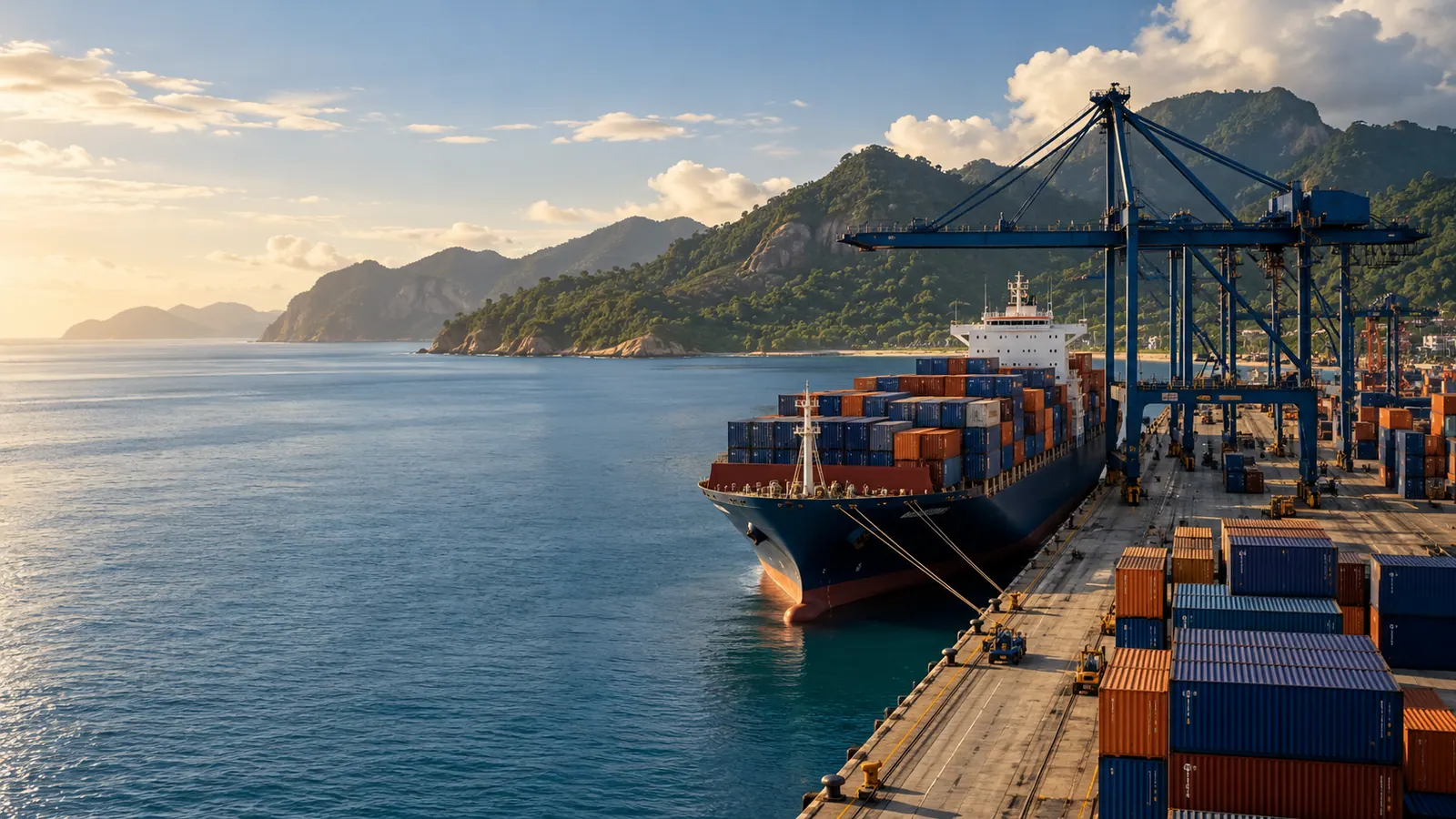 Port beside green coastal hills