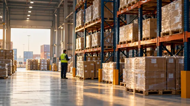 Organized freight warehouse with boxes and wrapped pallets