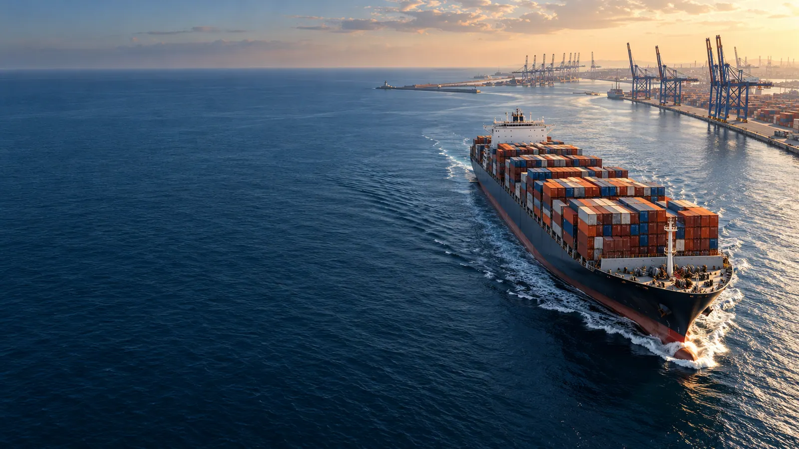 Container ship leaving a port for open water