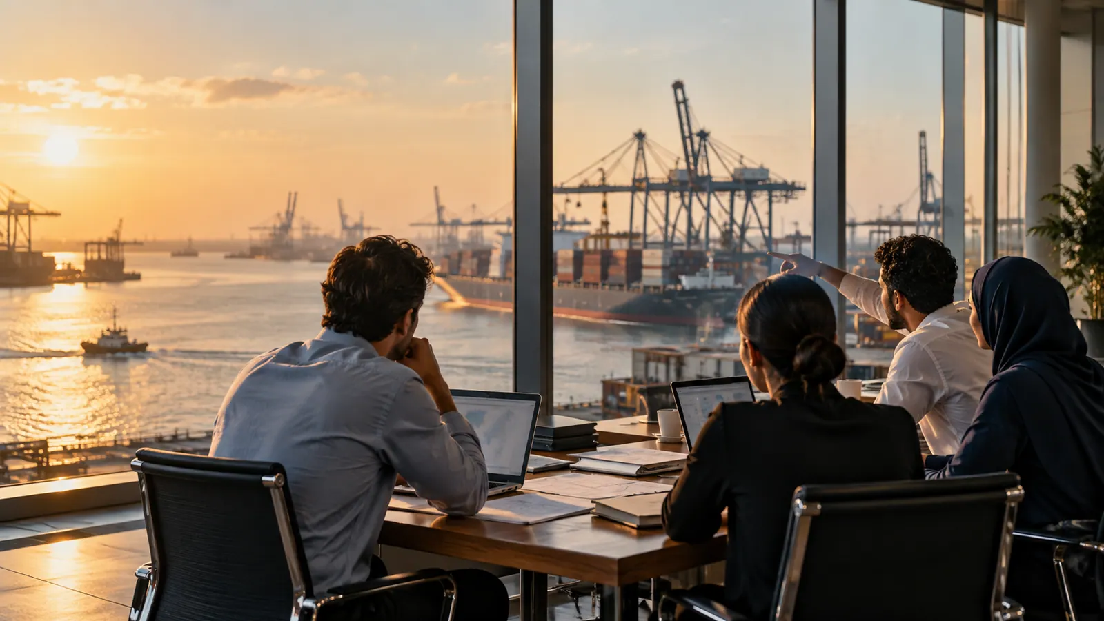 Logistics coordination workspace overlooking a port