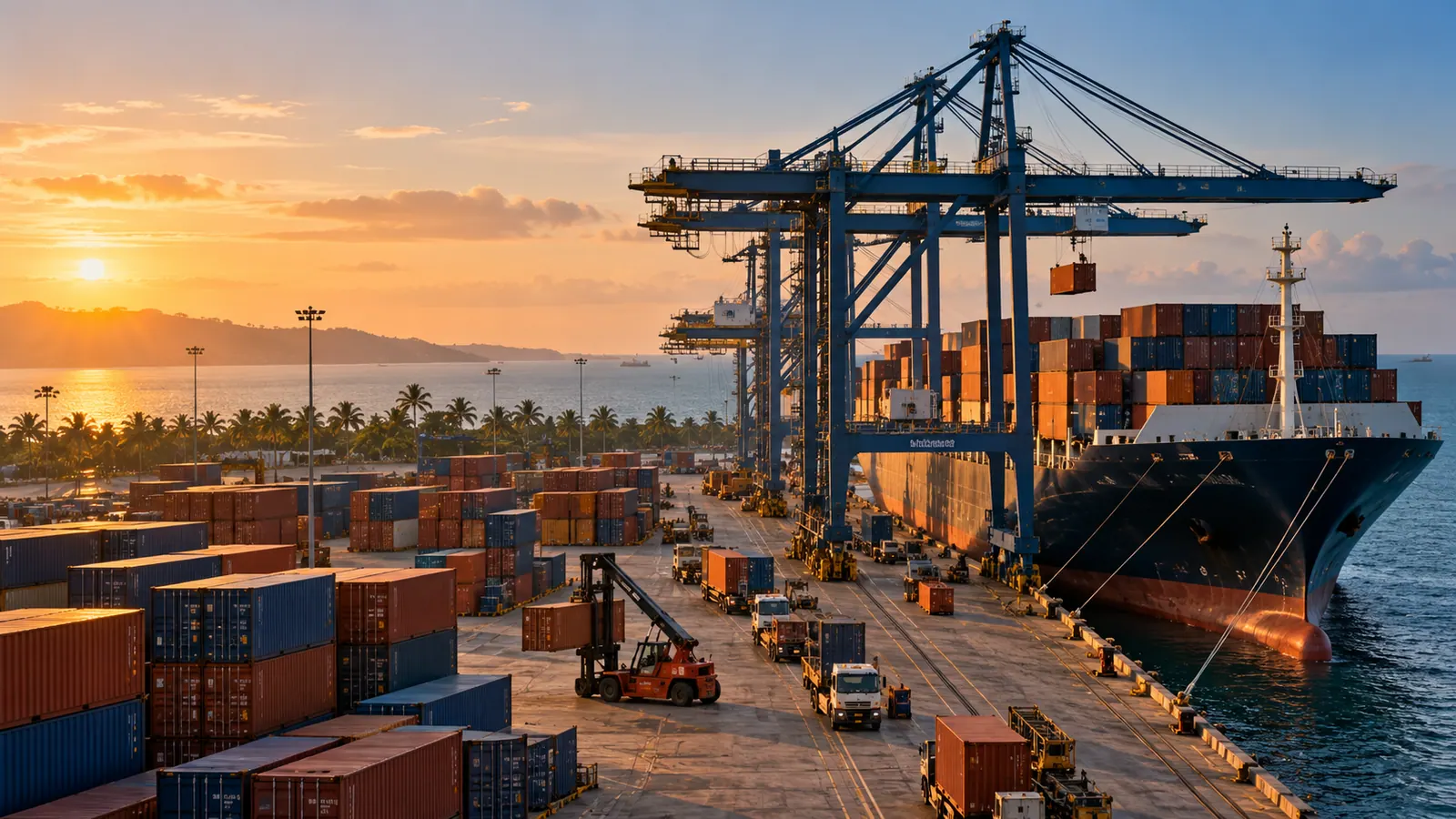 Cargo port with stacked containers and cranes