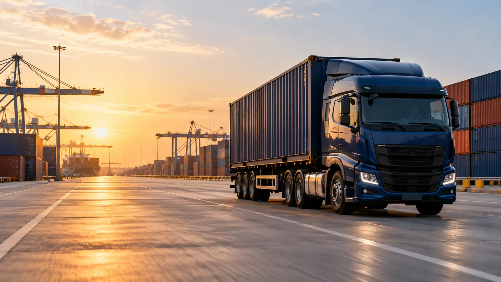 Container truck on the approach to a logistics terminal
