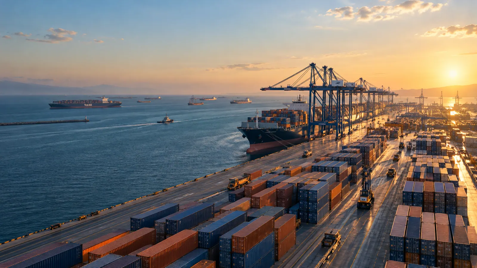 Container lanes and ships at an international freight port