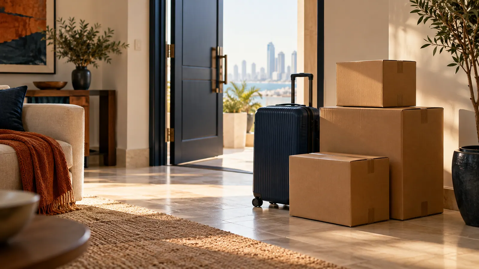 Packed moving boxes and a suitcase beside a doorway