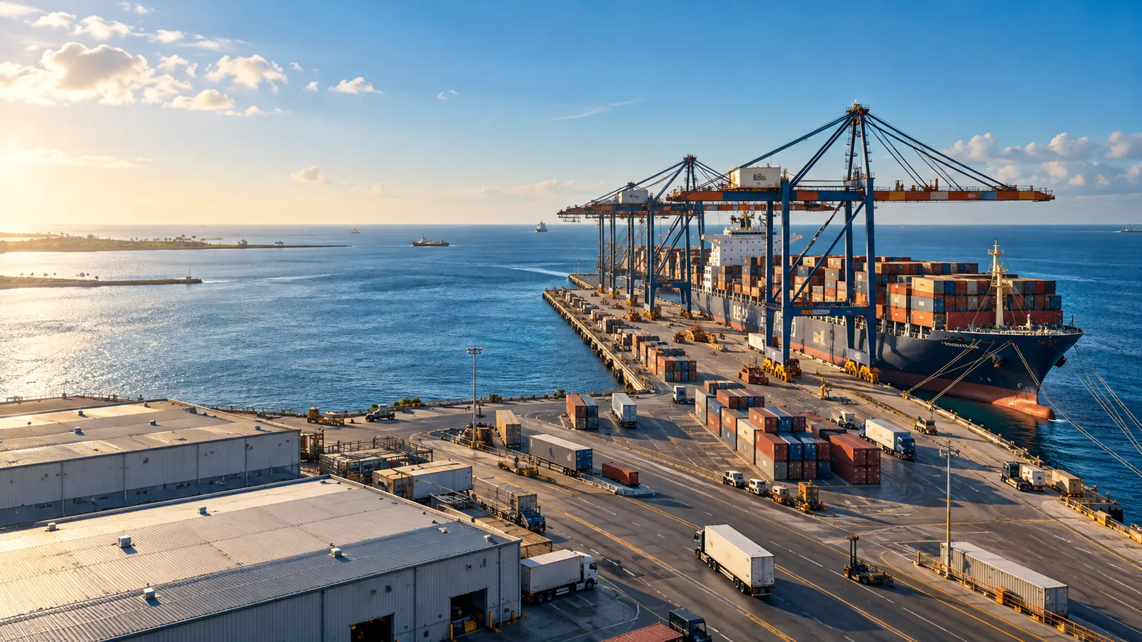 Coastal export terminal with cargo cranes